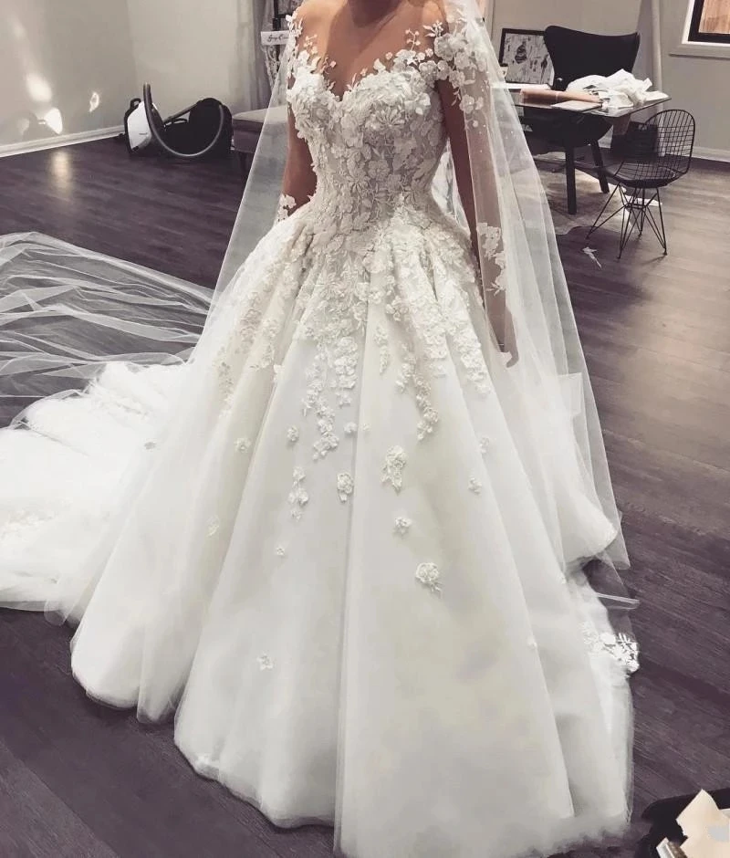 

ANGELSBRDEP Long Sleeves Wedding Dress Robe de mariee Fashion Applique Court Train Sheer Neck Formal Brides Wedding Gowns HOT