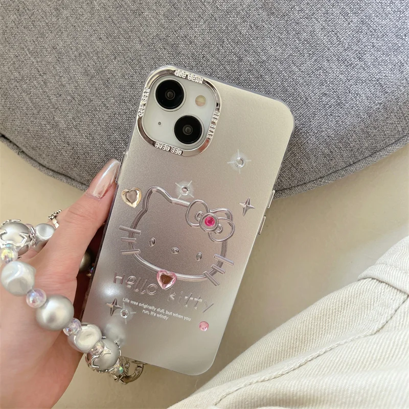 

Kawaii Sanrio Hello Kitty Anime Phone Case for Iphone 14 13 12 11 Pro Max Frosted 3D Paster Soft Silicone Lanyard Bracket Girls