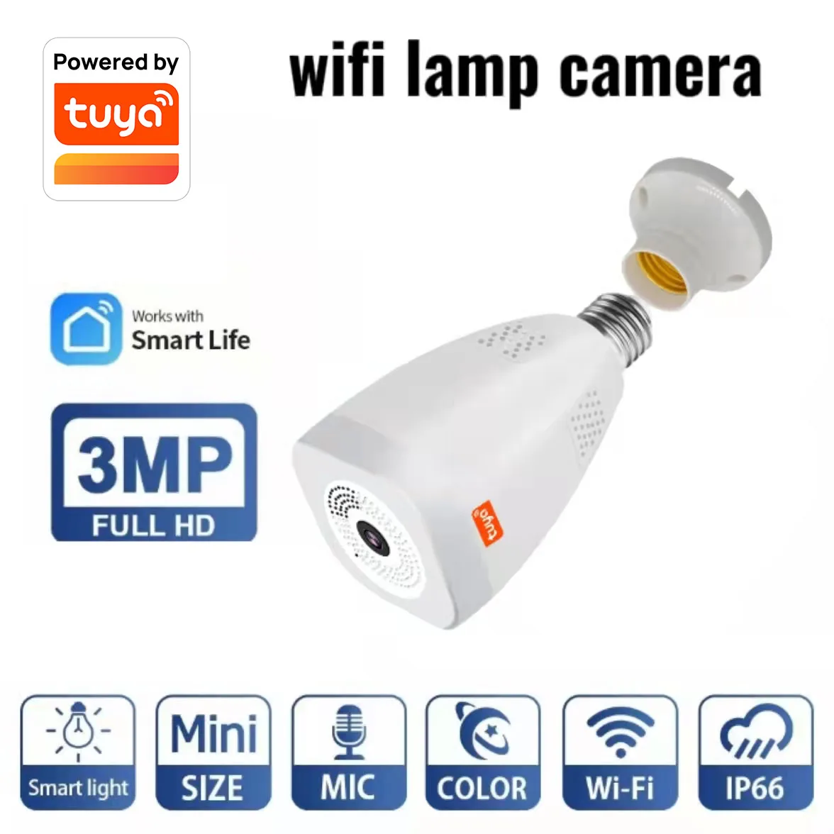 

3MP Tuya WiFi Blub camera 360 degree 3W LED light panoramic home security WiFi CCTV fisheye bulb IP camera two ways audio cam