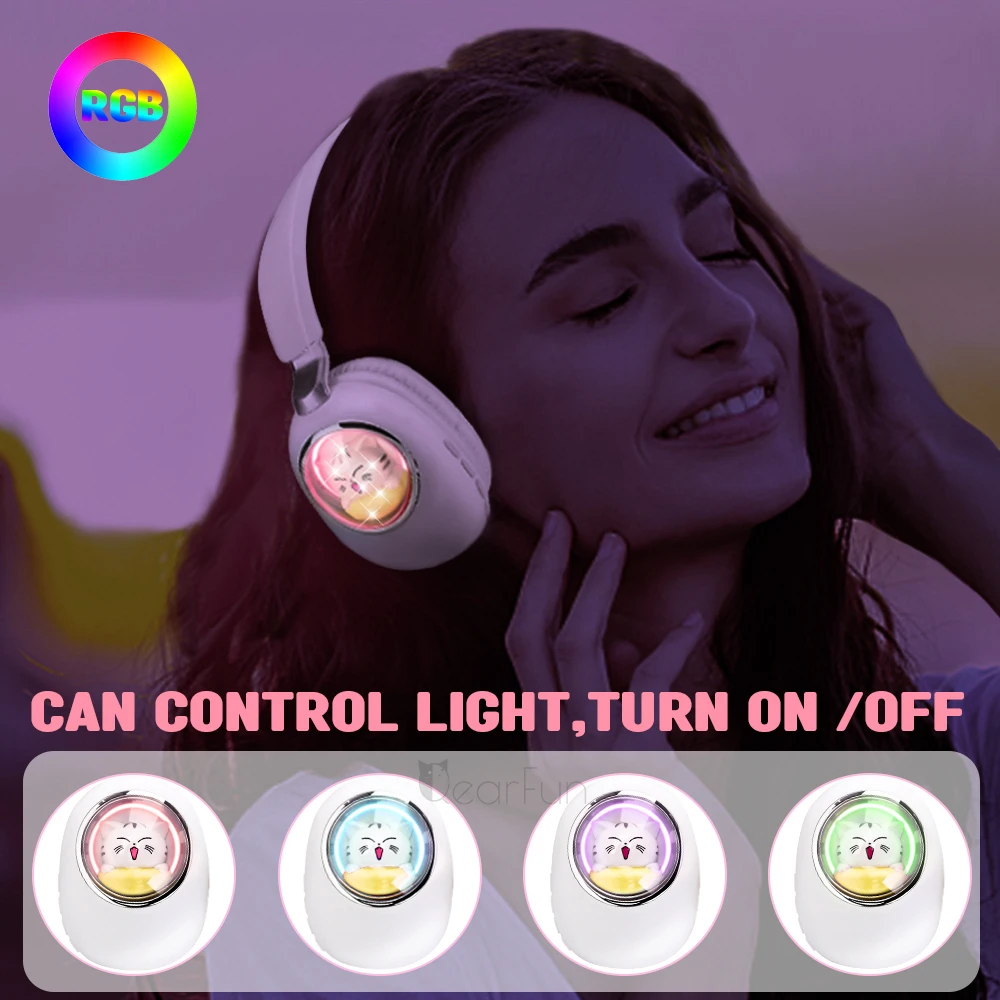 Беспроводные наушники с ушками RGB Bluetooth и микрофоном Портативные стереонаушники
