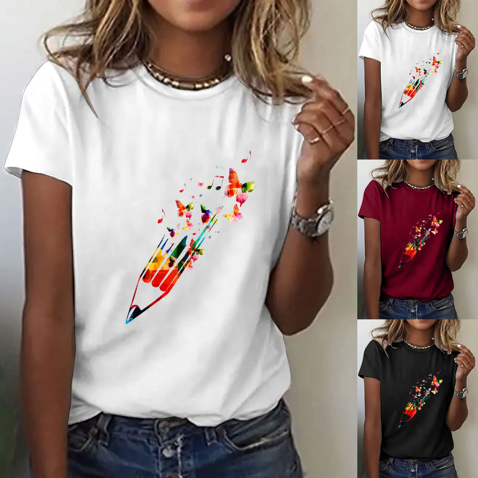 

New Women Clothes Print Watercolor Lovely Female Tops Tee Tshirt Fashion Casual Print Cartoon O-neck Ladies Graphic T-Shirt