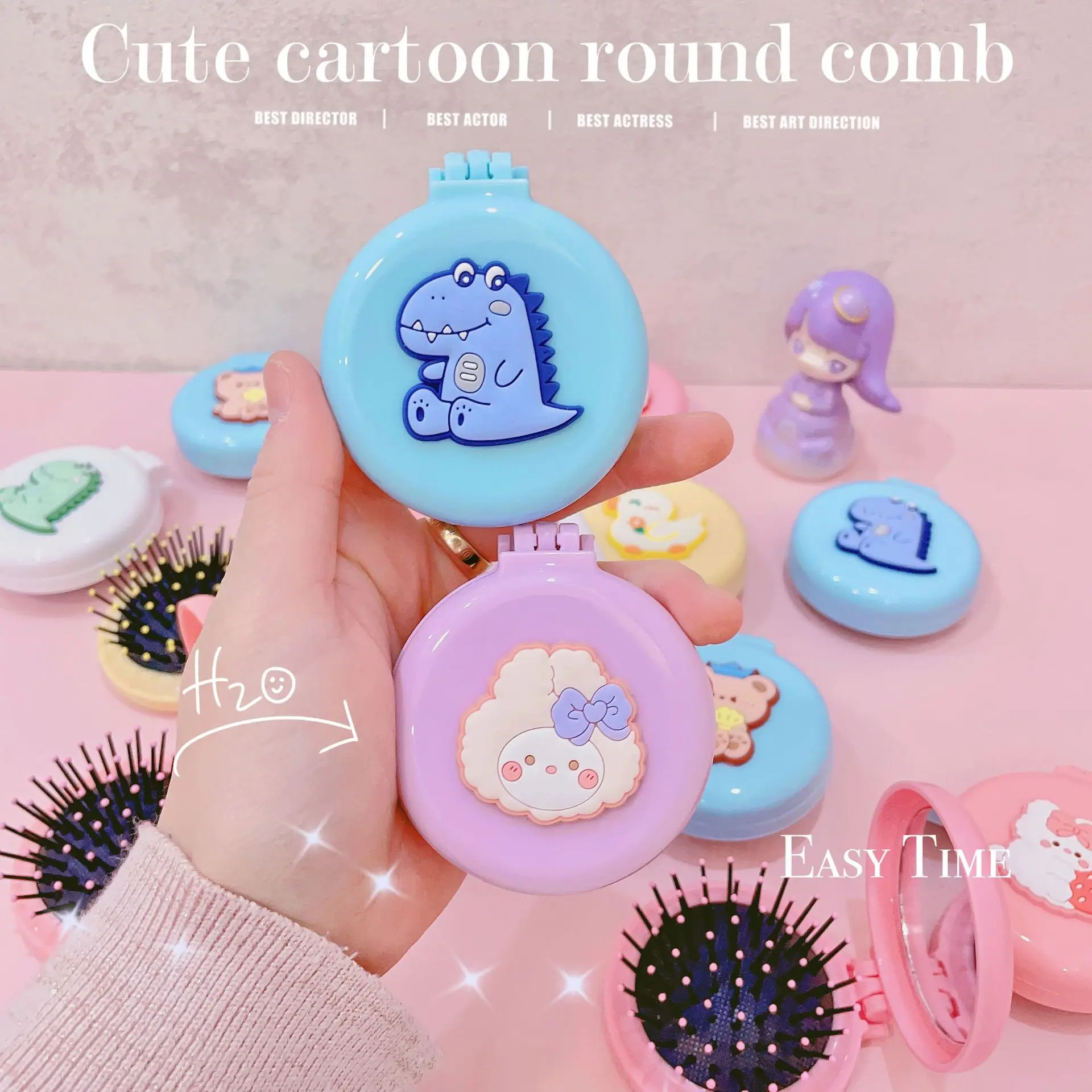 

Cute Cartoon Makeup Mirror with Comb Folding Scalp Massage Hair Brush Round Mini Comb with Mirror Traveling Comb Handheld Mirror