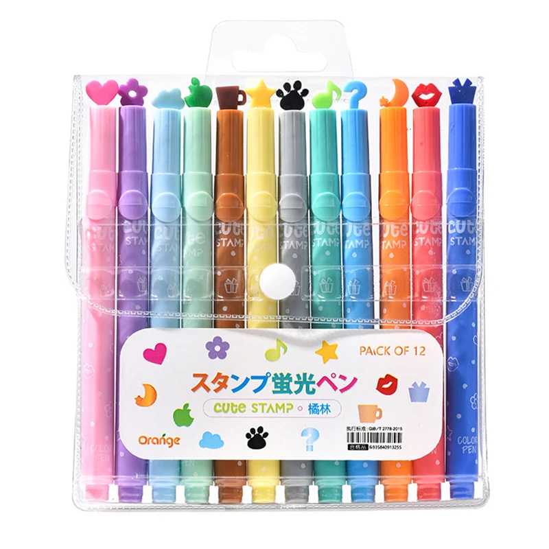 

6/12 Colors Kawaii Stamp Highlighter Pens Candy Color Markers with Bear Star Heart Stamp Creative Fluorescent School Stationery