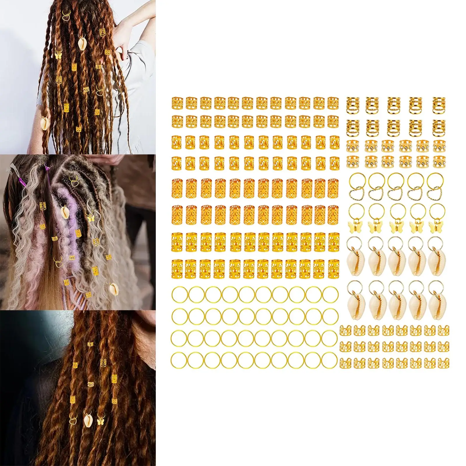 

202Pcs Hair Cuffs Rings Shell Pendants Charms Alloy Hair Coil Dreadlocks for