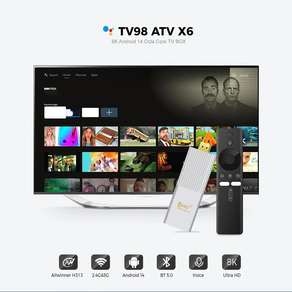 2024 TV98 ATV X6 TV Stick Android 14 Dual Wifi 8K 4K H313 Медиаплеер PK BT5.0 2 ГБ 8 Голосовой пульт
