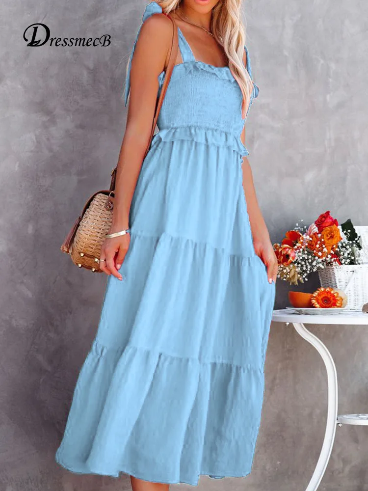 

Dressmecb однотонное летнее платье на бретельках Женская одежда с открытой спиной с рюшами подол с оборками средней длины повседневное праздни...
