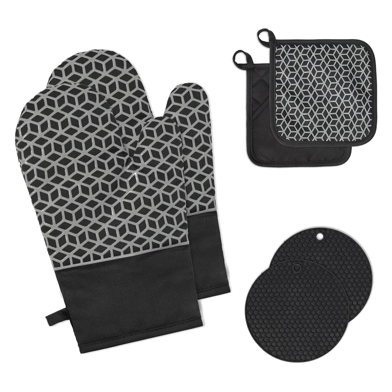 

Oven Gloves Set Heat Resistant 300°C Oven Gloves Black Silicone And Cotton Non-Slip Cooking Gloves