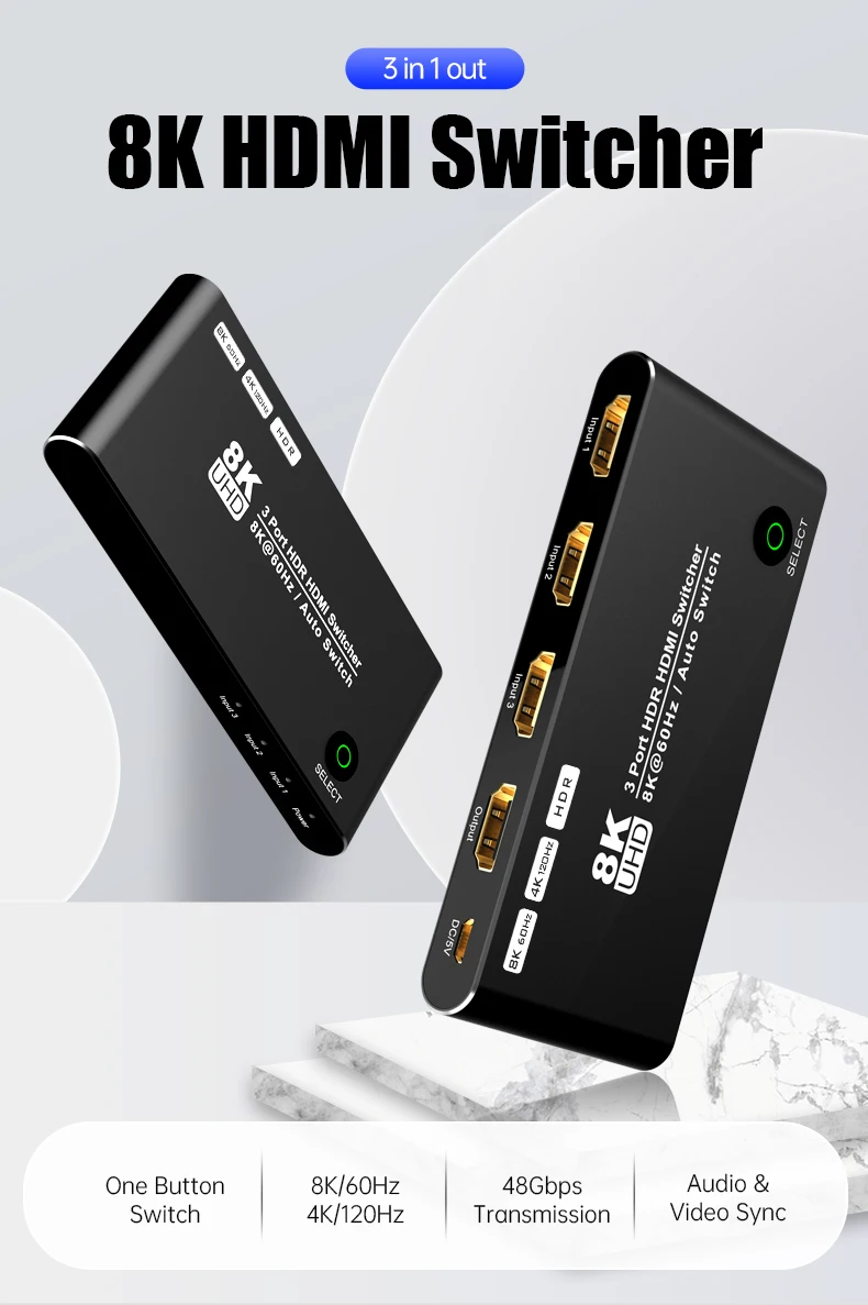 

3 в 1 выход 8K HDMI-совместимый 2,1 переключатель HD разветвитель 8K @ 60Hz 4K @ 120Hz для ПК ноутбука PS4 PS5 TV Box