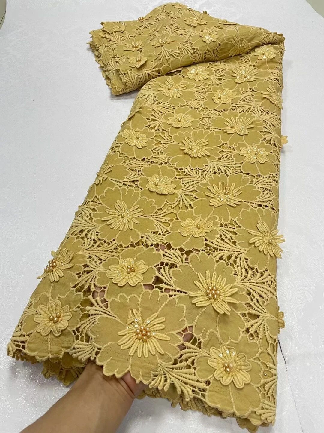 

Nigerian African 5Yards Fashion Lace Fabrics Evening Dresses White Cotton Beaded Embroidery For Women Sewing Cloth Tulle Fabric