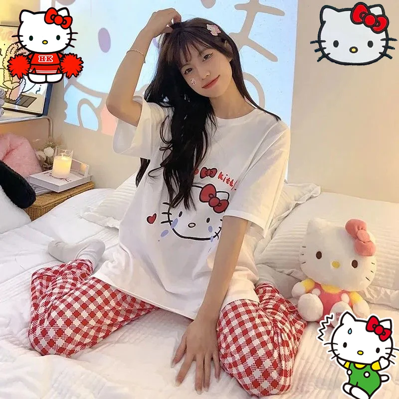 Милая пижама Hello Kitty аниме Sanrio комплект одежды летнее студенческое общежитие домашнее свободное модное корейское стильное пижамное комплекты подарки