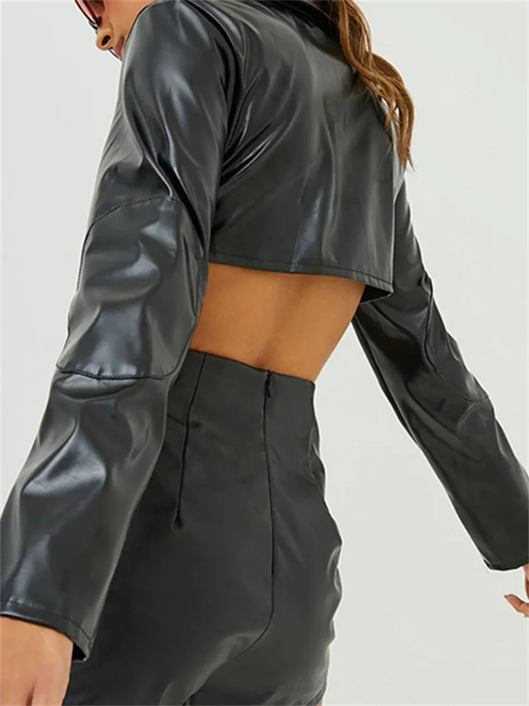 Модная куртка пальто женские укороченные топы из искусственной кожи с длинным