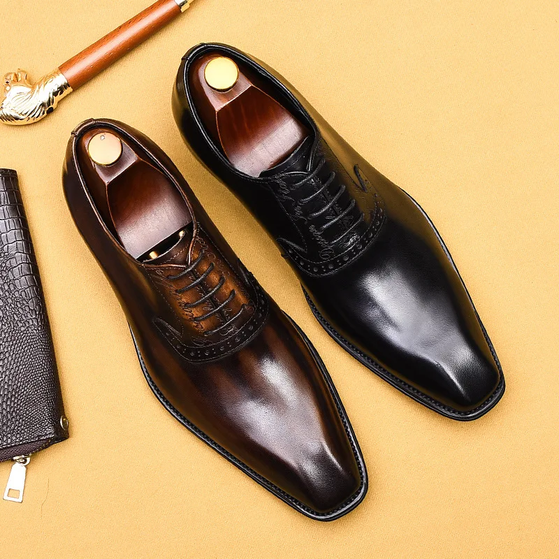 

Black Men Oxford Shoe Genuine Leather Dress Shoe Men Wedding Office Brogue Lace Up Square Head Brand Fashion Formal Shoe