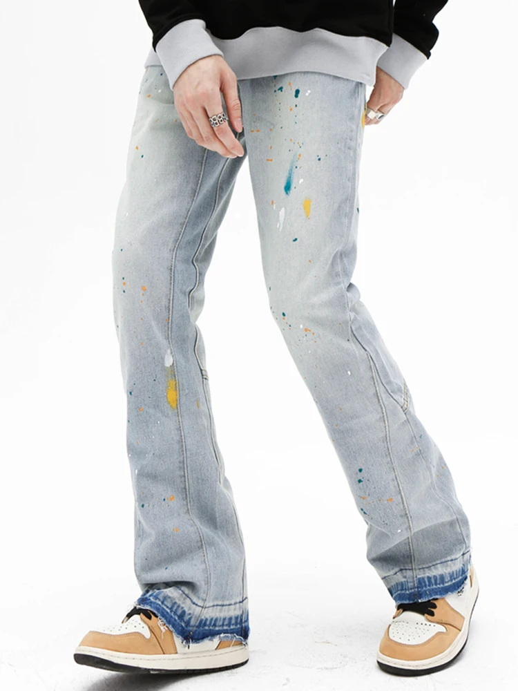 European and American VIBE wind splash ink graffiti hip -hop rap street style retro Y2K trousers loose micro -flared pants JEANS