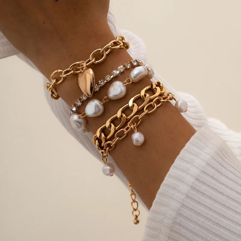 

Special-shaped Imitation Pearl Retro Baroque Bracelet Feminine Micro-inlaid Love Set Bracelet Fashion Jewelry Romantic Sweet