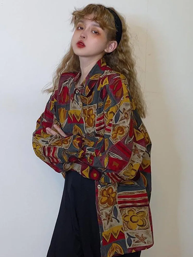 HOUZHOU Vintage Blouse Women 90s Aesthetic Oversize Harajuku Long Sleeve Retro Shirts Fashion Streetwear Korean Style Autumn