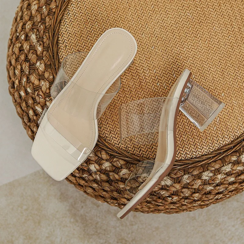 Обувь Прозрачные тапочки Тапочки на тонком каблуке Женские роскошные шлепанцы