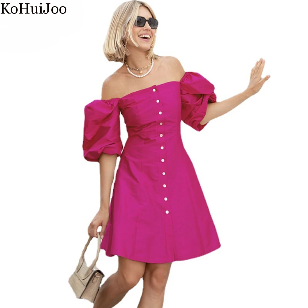

KoHuiJoo Off Shoulder Dresses Women Summer Korean Princess Style Casual Lantern Sleeve Dress Rose A Line Slim Short Dress