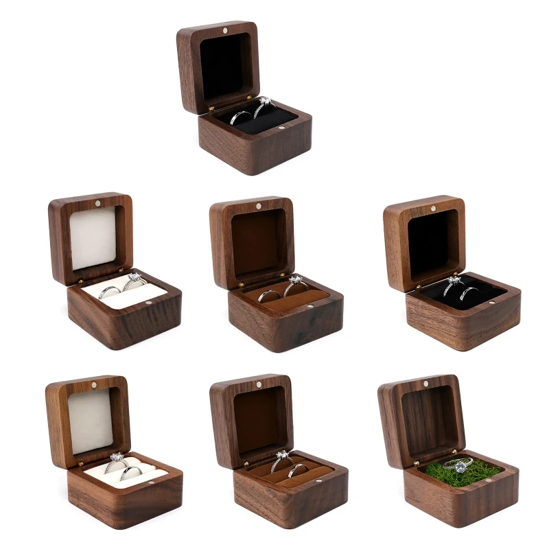 

Wooden Ring Box Square Shape Jewelry Organizer Soft Interior Holder for Wedding