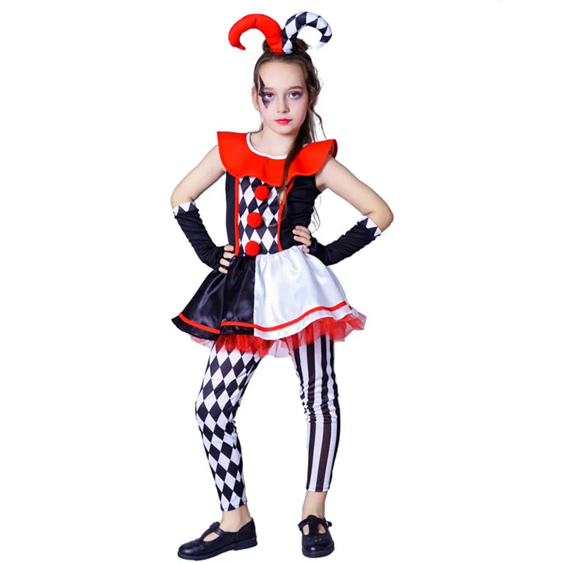 

Girls Plaid Joker Droll Cosplay Kids Children Halloween Circus Clown Costumes Carnival Purim Parade Stage Role Play Party Dress