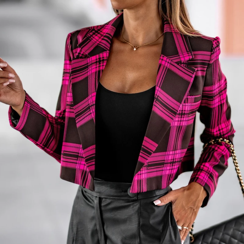 

2022 Autumn Women Fashion Crop Jackets Plaid Printing Turn-down Collar Slim Blazer Outerwear Office Ladies Elegant Short Coats