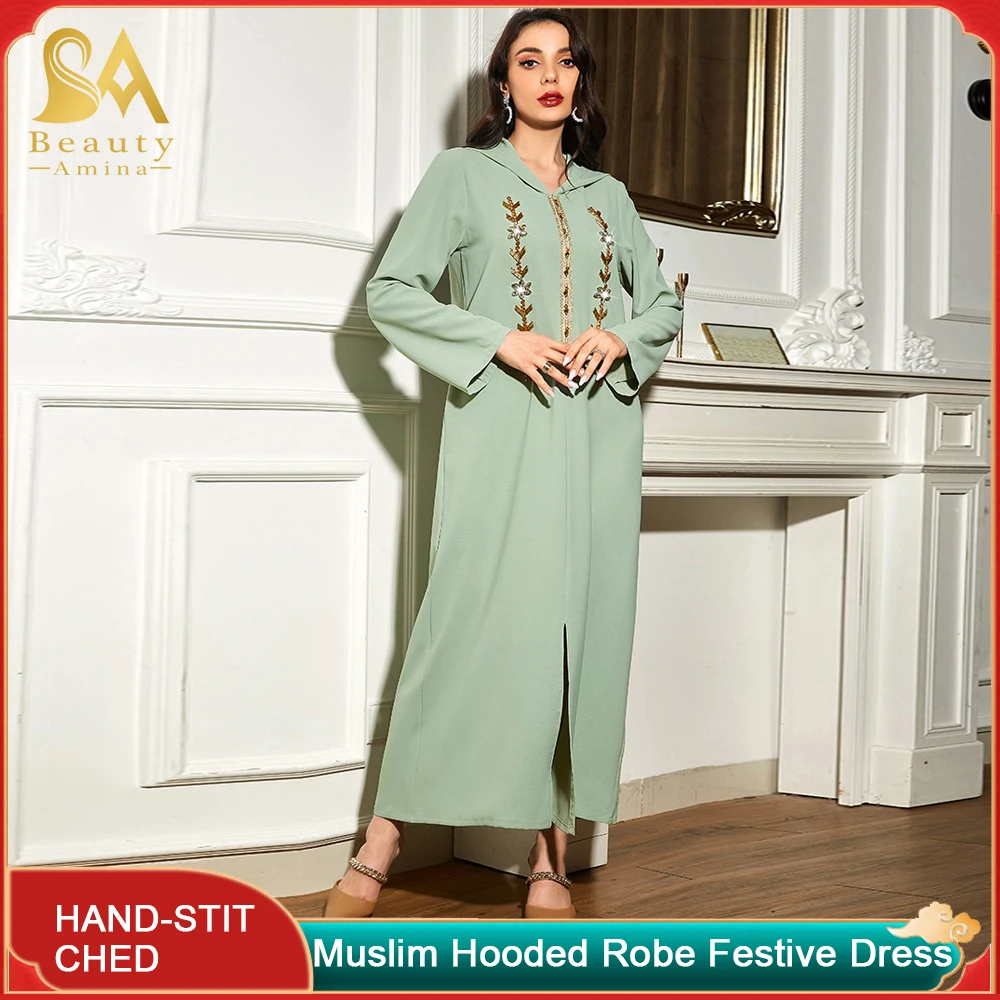 Muslim Long Dress New Mint Green Hooded Dress Pure Handmade Diamond Long Dress Arabic Traditional Robe Party Dress Party Festiva