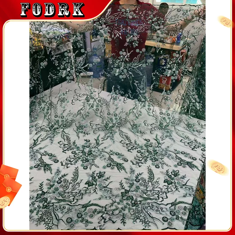 

Luxurious Nigerian Handmade Beaded Lace Fabric 2023 High Quality Sequins Beaded Embroidery African French Lace Fabric Dress