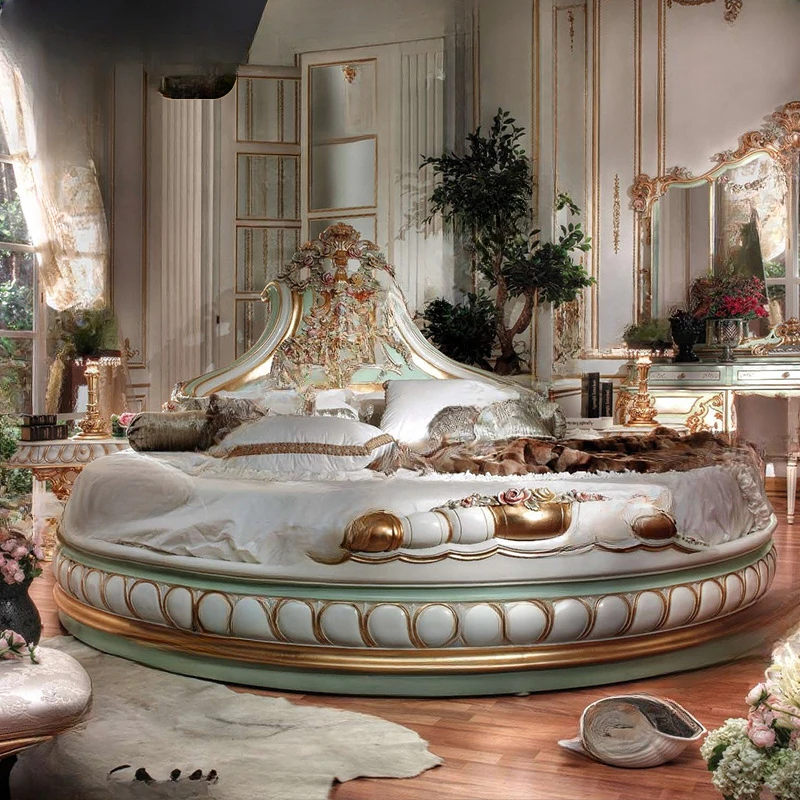 

European Round Bed New Birch Solid Wood Bed Castle Master Bedroom Furniture Carved King Bed Double Bed Wedding Bed French Bed