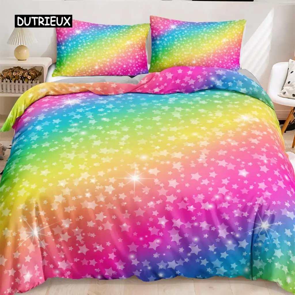Rainbow Duvet Cover Set for Girls Star Bedding Girly Glitter Double Queen King Size Soft and Comfortable Quilt