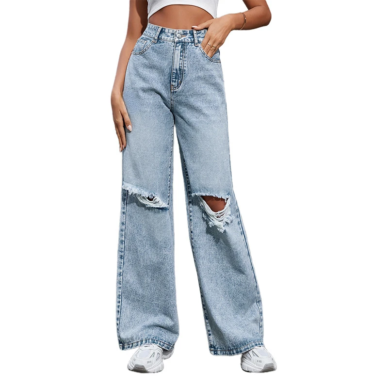 Light Blue Straight Leg Baggy Jeans Women 2023 Summer New Trend High Waist Show Thin Ripped Jeans Fashion Casual Women Pant Long