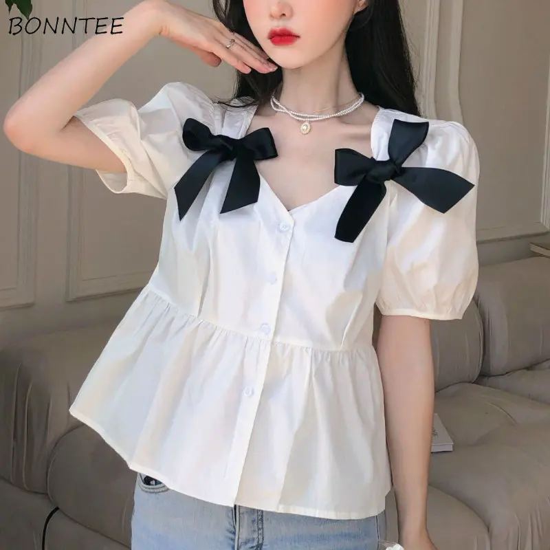 

Shirts Women Tops Bow Baggy Sweet Puff Sleeve Summer Streetwear Aesthetic French Style Simple Panelled Casual Elegant Young 2023