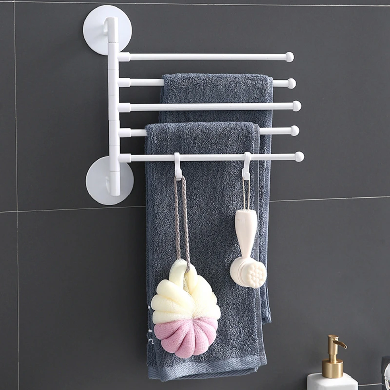 Punch-free Bathroom Bath Towel Holder Multi-bar Wall Mounted Rotating Towel Rack Cabinet Door Back Kitchen ToolHanger Shelf Rack