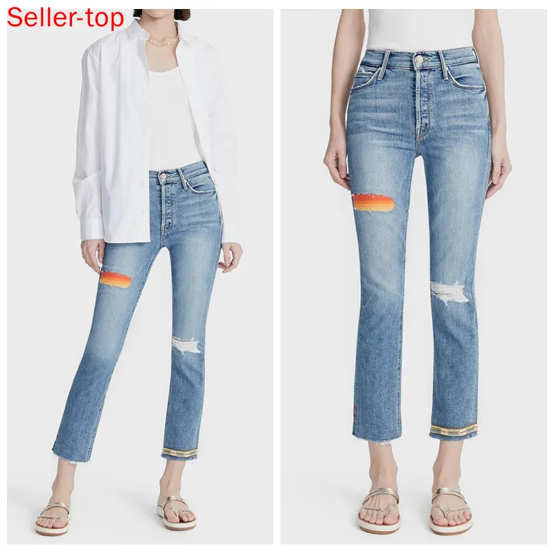 

Джинсы дизайнерские женские с радужными отверстиями, свободные узкие прямые джинсы, светло-голубые брюки из денима, на лето