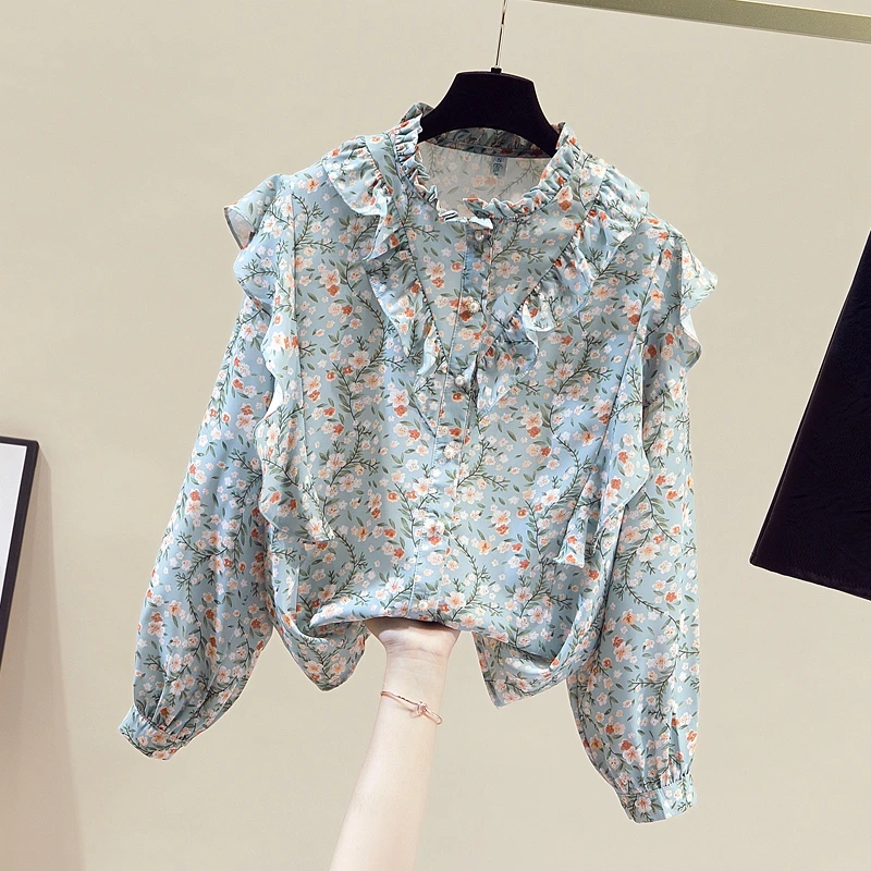 

SuperAen 2022 Spring Autumn New Sweet Flower Print Stand Chiffon Shirts Casual Office Lady Women Top