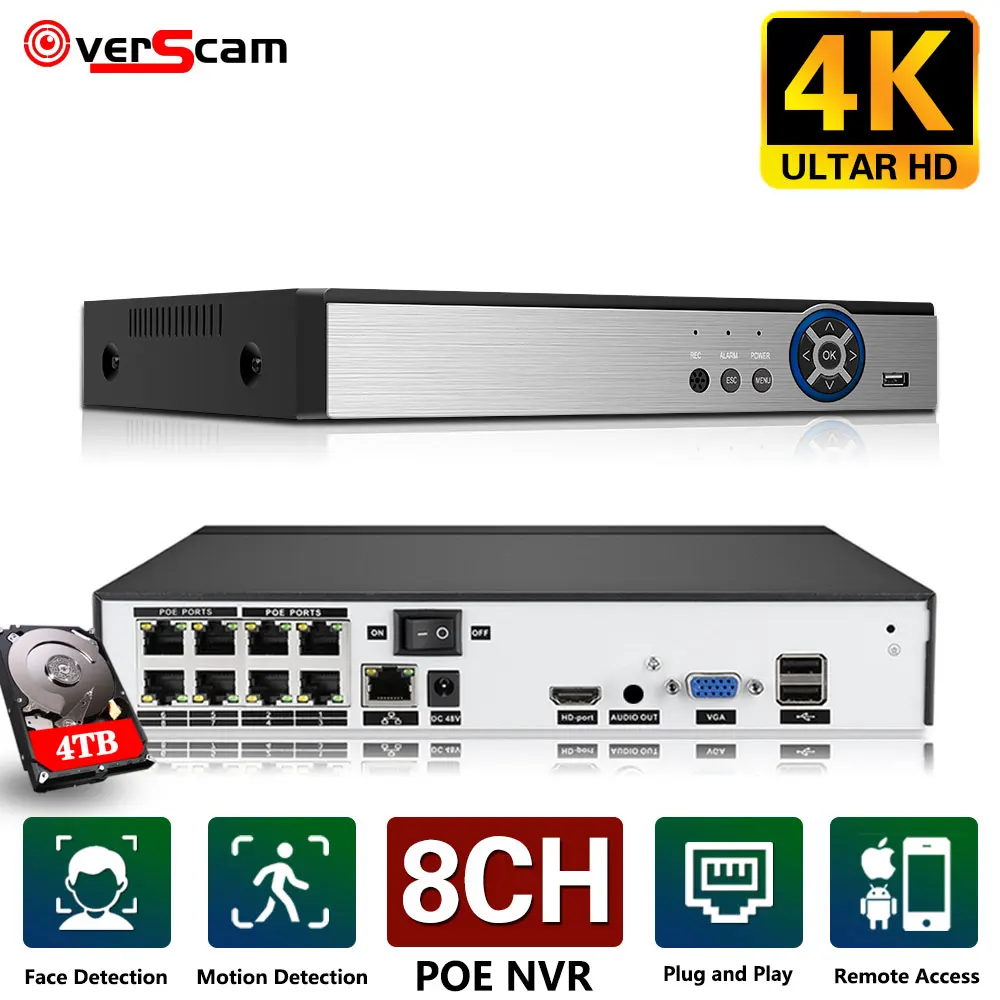

H.265+ 8CH 48V POE NVR For IP Security Surveillance Camera CCTV System 5MP 8MP 4K Audio Video Recorder Face Detect Network P2P