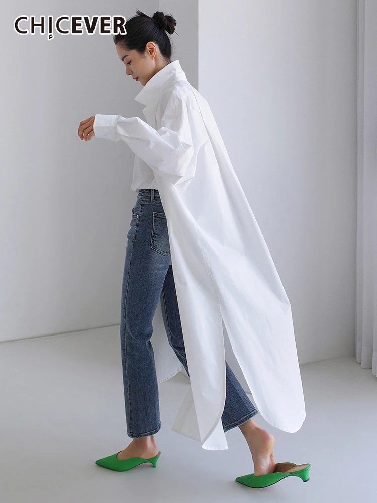 

CHICEVER White Loose Shirt For Women Lapel Long Sleeve Solid Minimalist Straight Blouses Female Fashion Summer Clothing 2022 New
