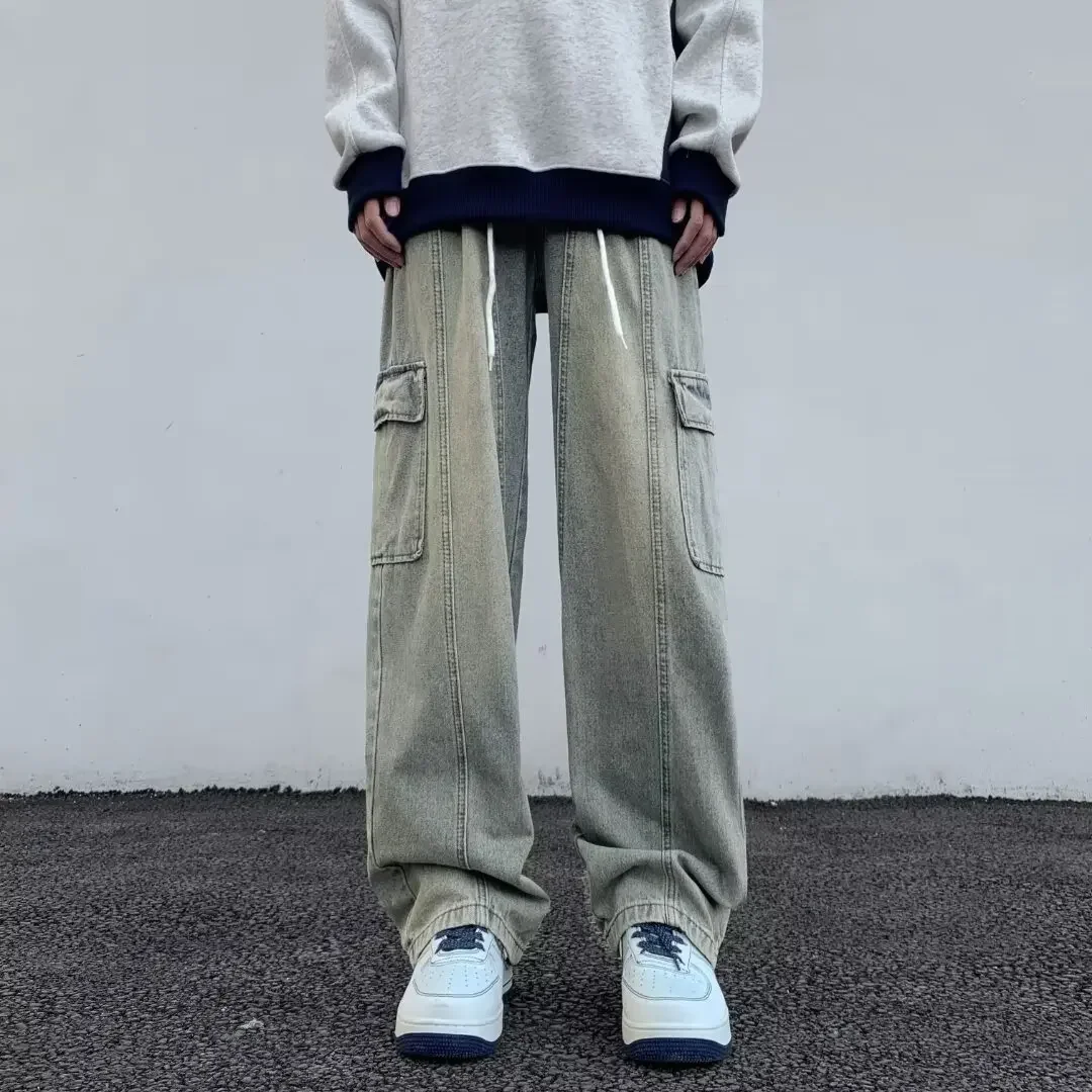 Vintage Distressed American Style Yeast Stained Drawstring Workwear Jeans For Men Women Elastic Waist Fit Straight Leg Pants