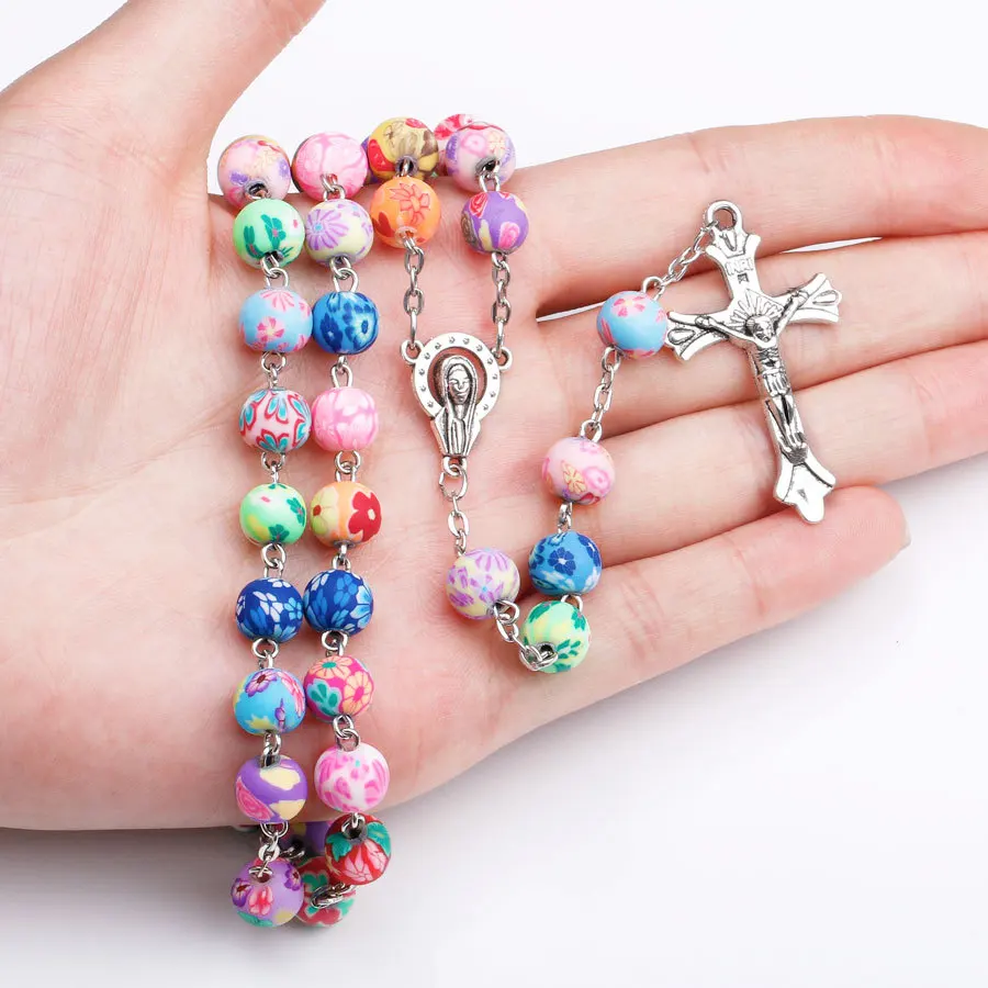 

New Religion Cross Pendant Rosary Necklaces For Women Colorful Soft Pottery Beads long Chain Virgin Mary Jewelry