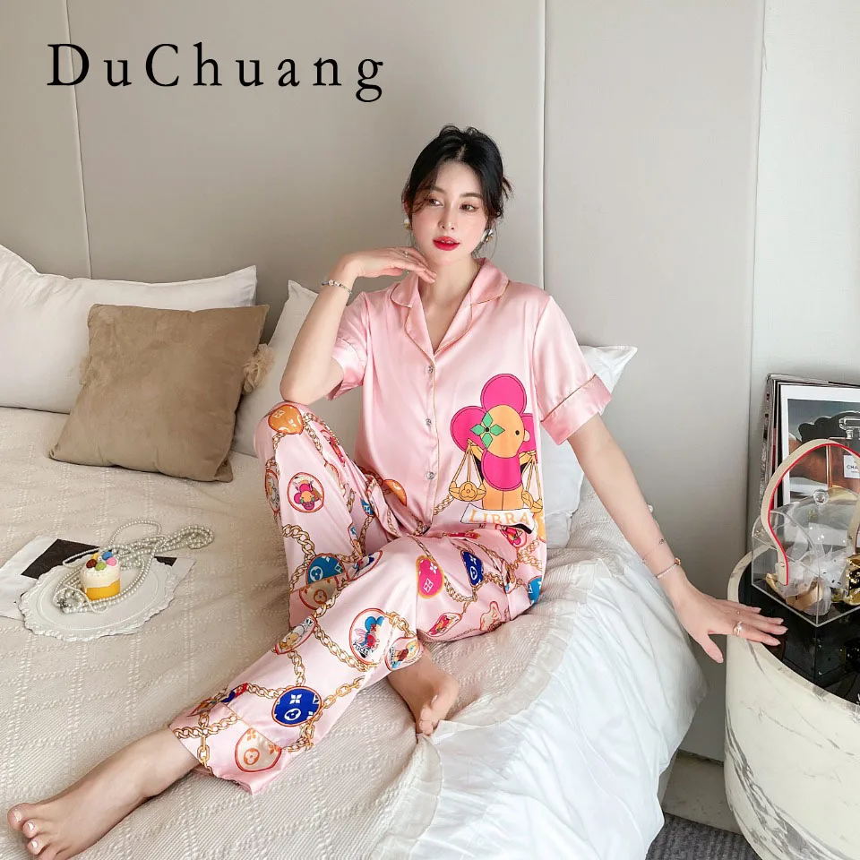 

[Women's pajamas] [high-quality]2023 New Short Sleeve Long Pants Ice Silk Set Korean Version Sweet Sunflower Large Homewear