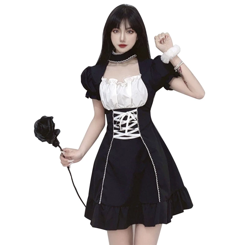 

Women Lolita Puff Short Sleeve Lace-Up High Waist Ruffled Pleated Mini Dress