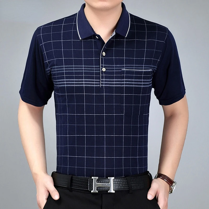 

Middle-aged and Elderly Men's Clothing Summer Short-sleeved Plaid Print Spliced Pocket Business Casual Loose Commute POLO Shirt