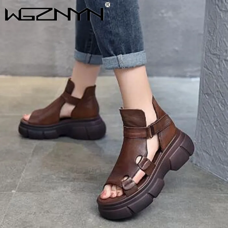 

Женские босоножки из натуральной кожи, сандалии-гладиаторы на танкетке, в стиле ретро, летняя обувь на платформе, ручная работа, 2022