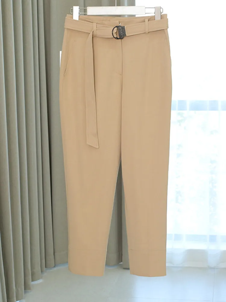Women Suit Pants Solid Straight Lace-up Sashes High Waist Zipper Fly Ankle-length Trousers Casual