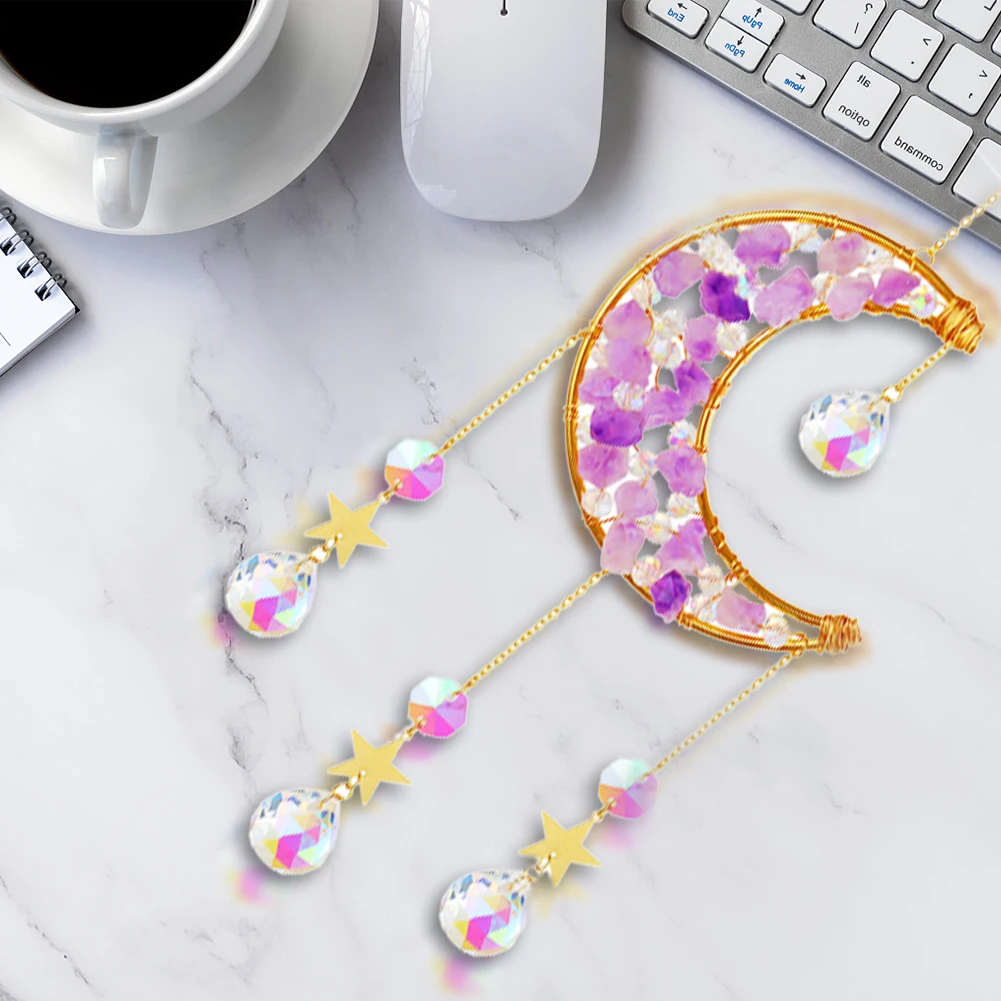 

For Window Hanging Wind Chime Moon Shape Crystal Craft Sun Catcher Party DIY Bedroom Office Pendant Gift Home Decor