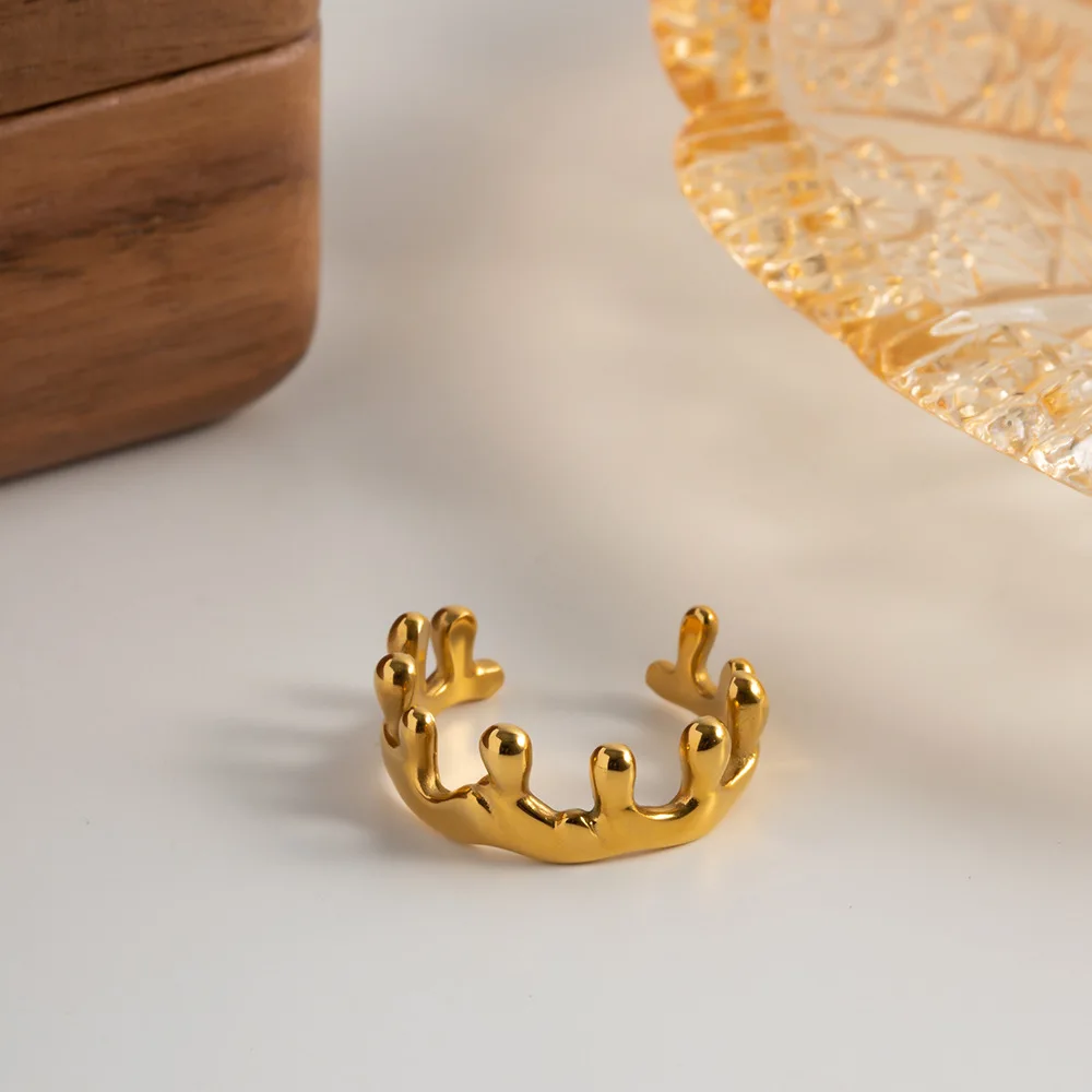 

Minimalist Crown Opening Ring for Women Stainless Steel Jewelry 18K Gold Plating Metal Trendy Party Gift Waterproof
