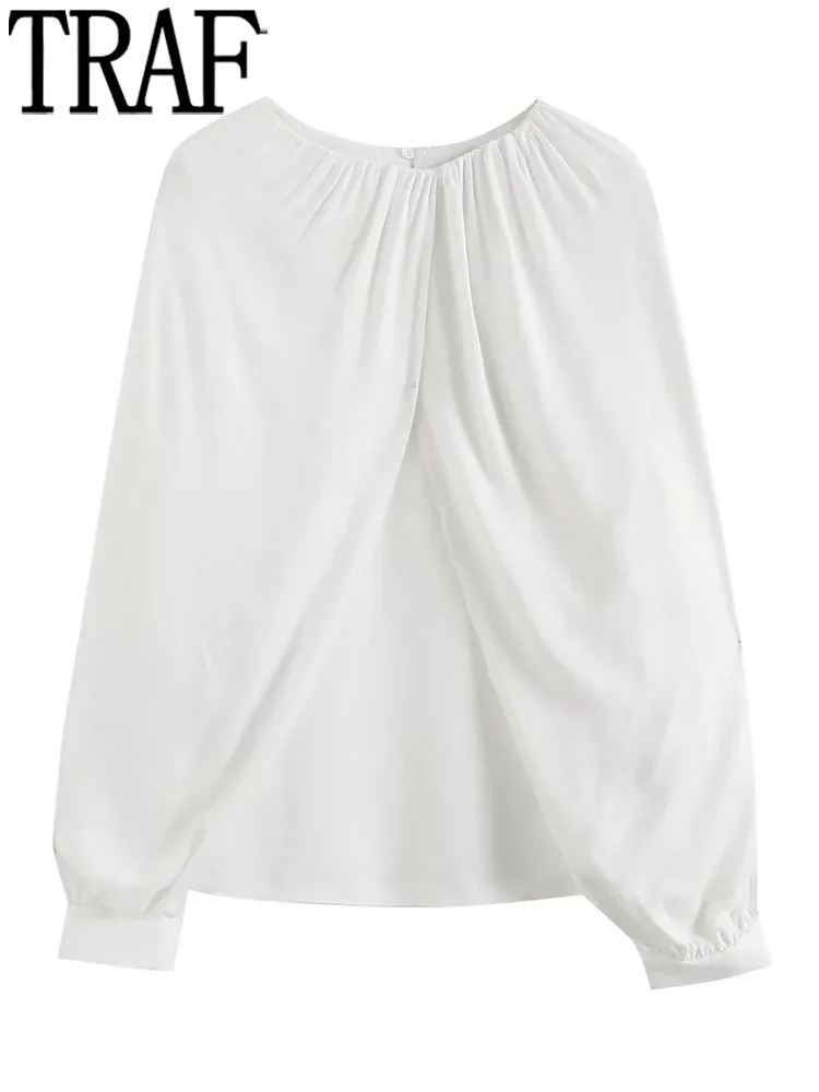 

TRAF White Blouse Women Ruched Satin Blouse Woman 2023 Fashion Cape Long Sleeve Top Female Spring Elegant Women's Blouses