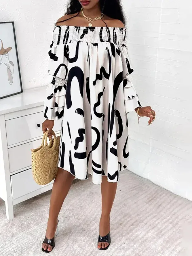 2023 Summer Fashion New Product Off the Shoulder Wrap Print Bubble Sleeve Ruffle Edge Casual Elegant Sexy Women Mid length Dress
