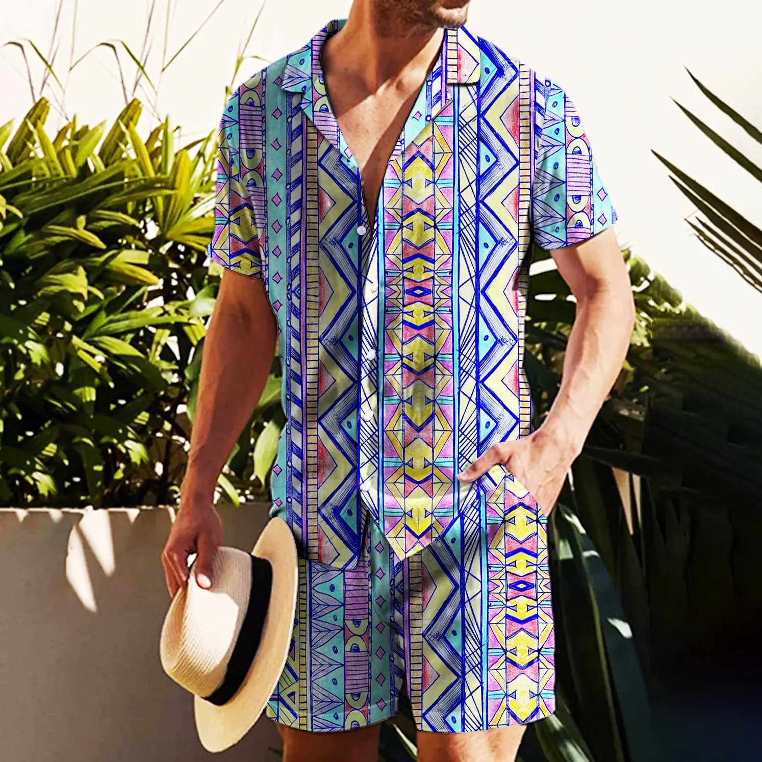 African Ethnic Style Summer Tracksuit Short Sleeve Shirt 2-Piece Men's 3D Print Button Lapel Casual Male Streetwear Outfit