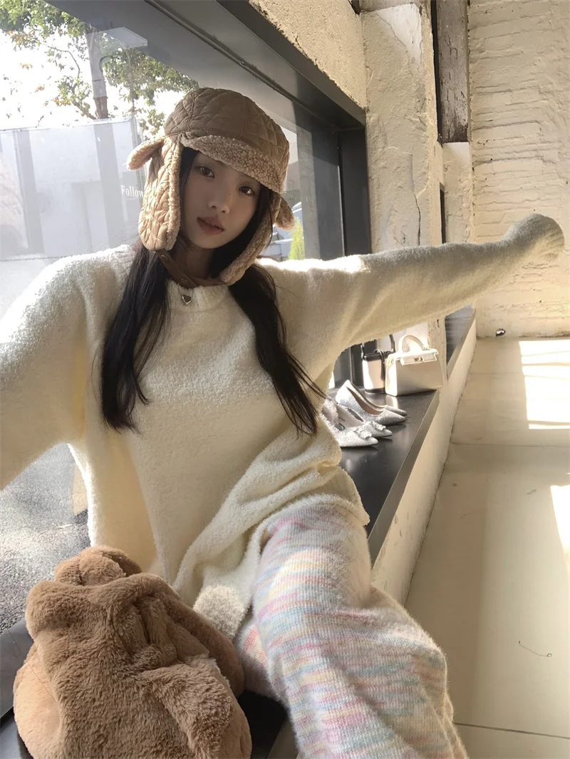 Pphome Milk Huhu Мягкий клейкий свободный свитер для женщин на осень и зиму Радужные