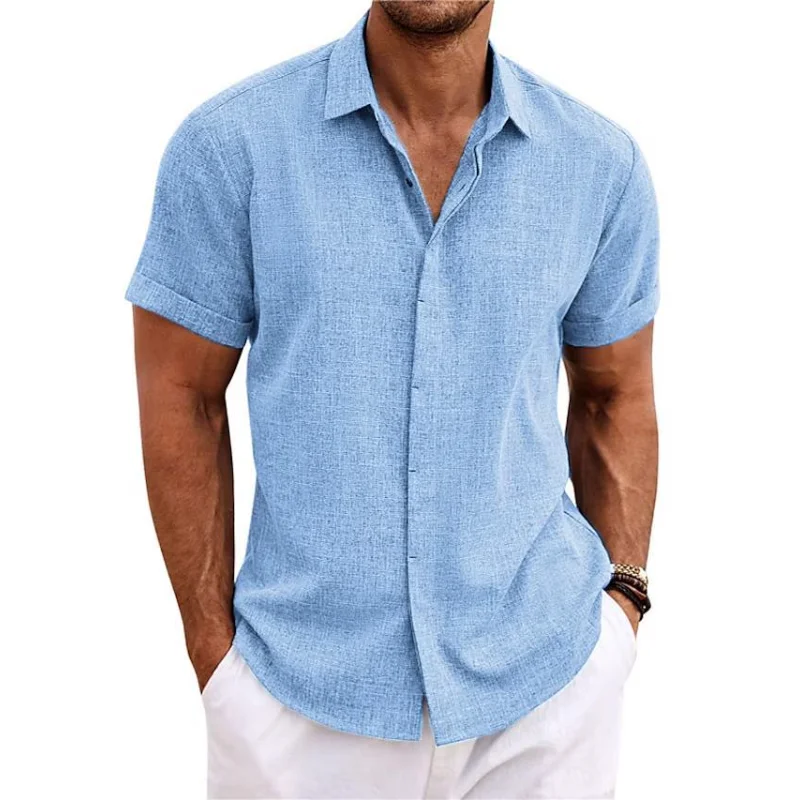 

Рубашка мужская свободного покроя с коротким рукавом, Повседневная блуза из хлопка и льна, однотонная блуза оверсайз в ретро стиле, лето 2023