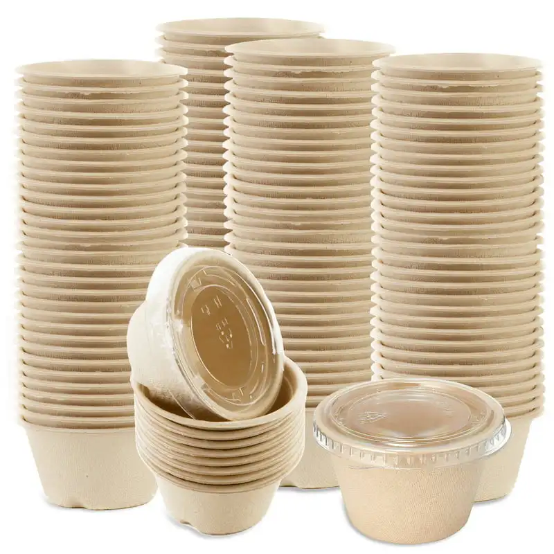 

Pack] 2 Oz Compostable Condiment Souffle Bagasse Cups with Lids - Portion Cup with Lid Sugarcane, Biodegradable for Sauces, Sam